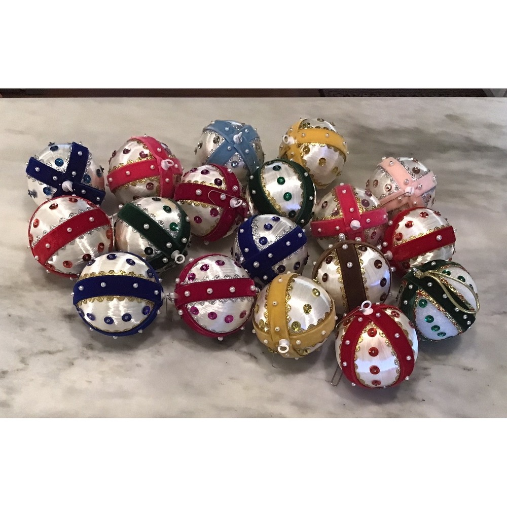 Lot Of 18 Vintage Hand Beaded Satin Thread Styrofoam Christmas Ornaments Crafts